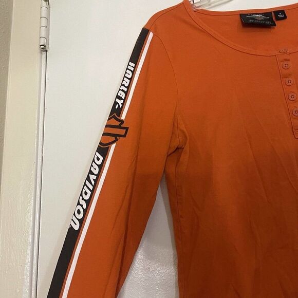 HARLEY DAVIDSON orange graphic logo print henly long sleeve tshirt size Medium - Picture 2 of 4